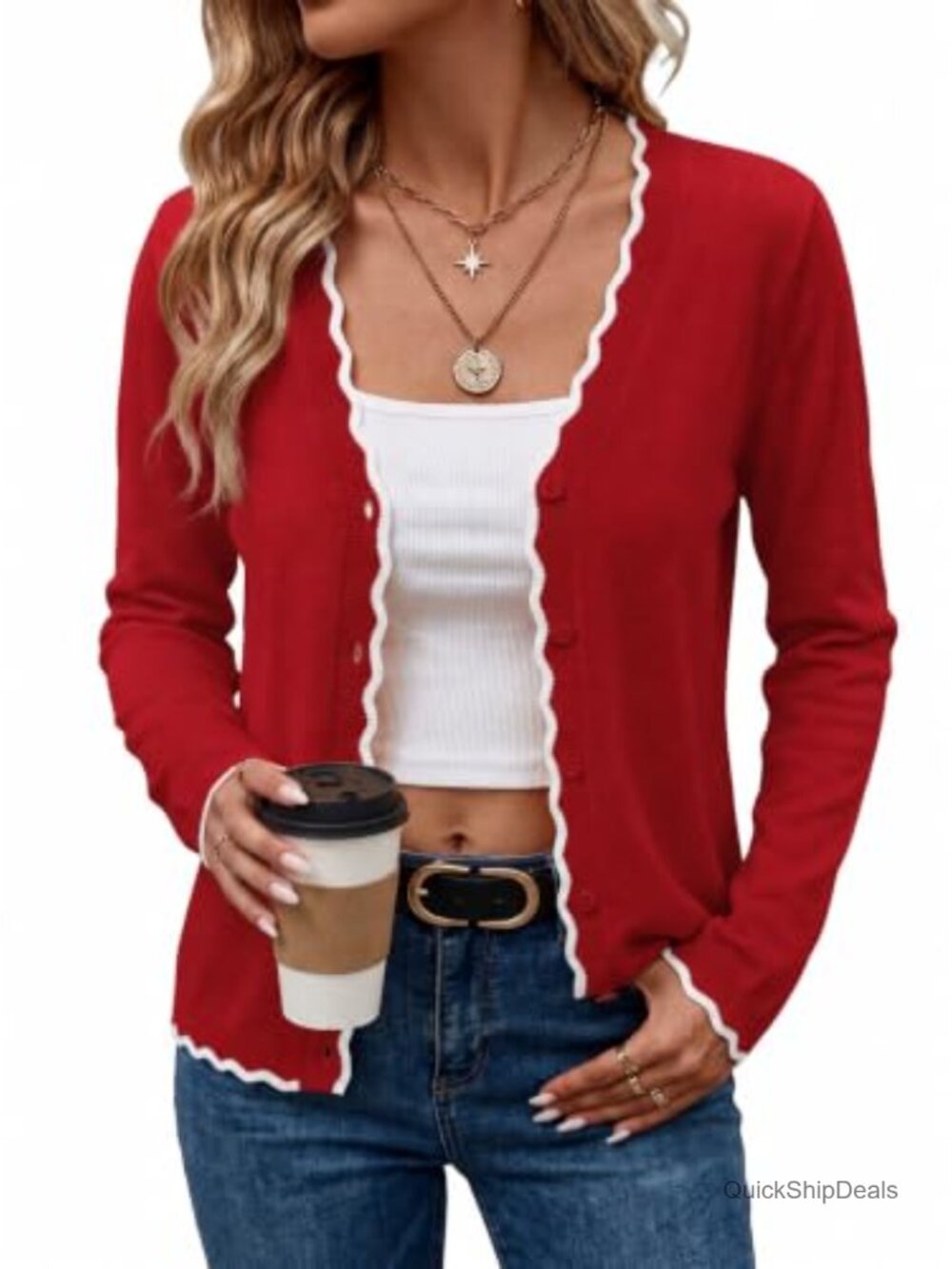 Women's Lightweight Knit Cardigan with Scalloped Trim, Button Down V-Neck